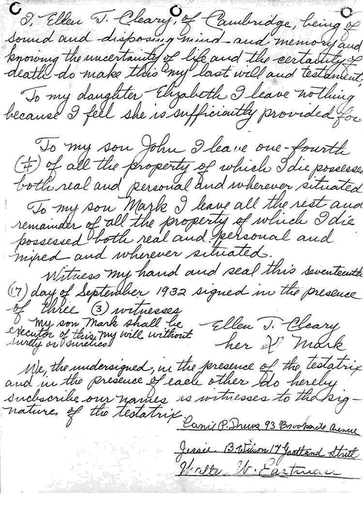 Ellen Cleary's Will
